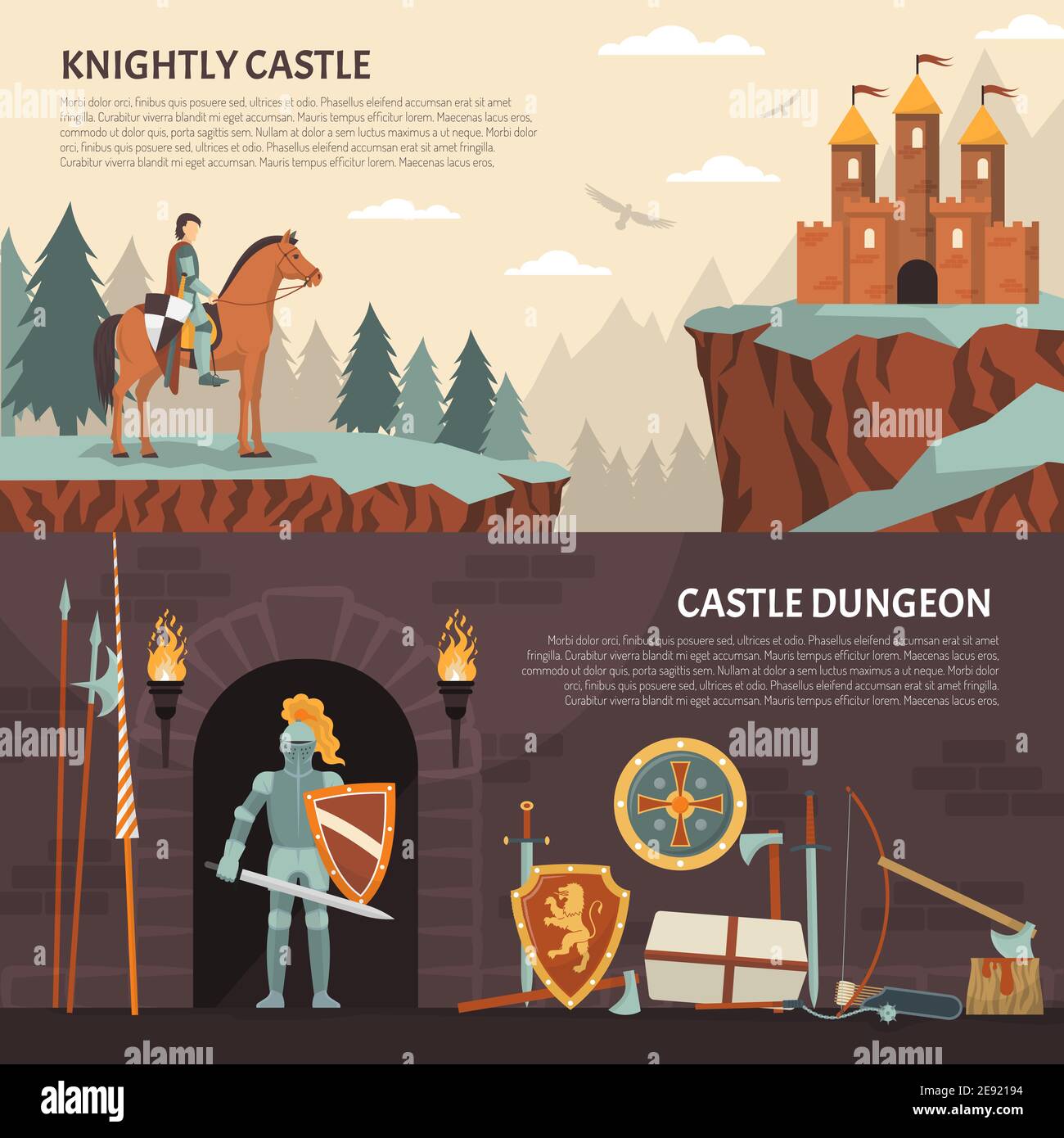 Mittelalterliche Ritter horizontale Banner mit ritterlichen Schloss und Schloss Kerker Dekorative Kompositionen flache Vektor-Illustration Stock Vektor