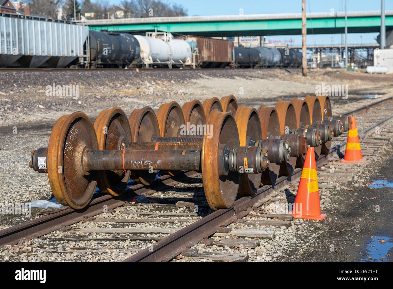 Eisenbahnräder auf einer Strecke in Keokuk, Iowa Stockfoto