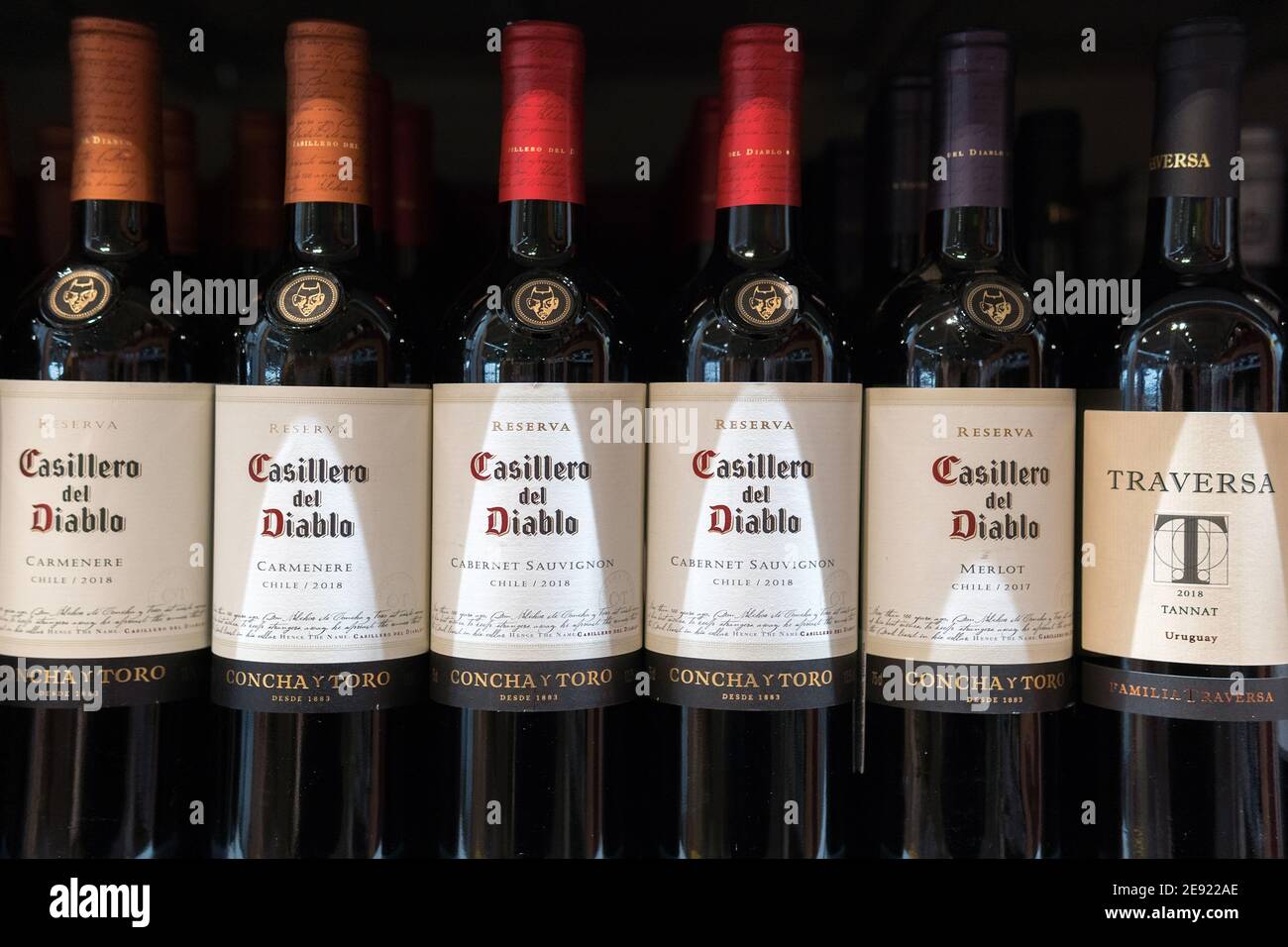 Tyumen, Russland-31. Januar 2021: Wein Casillero del Diablo, carmenere Wein, Traube 2018 Stockfoto