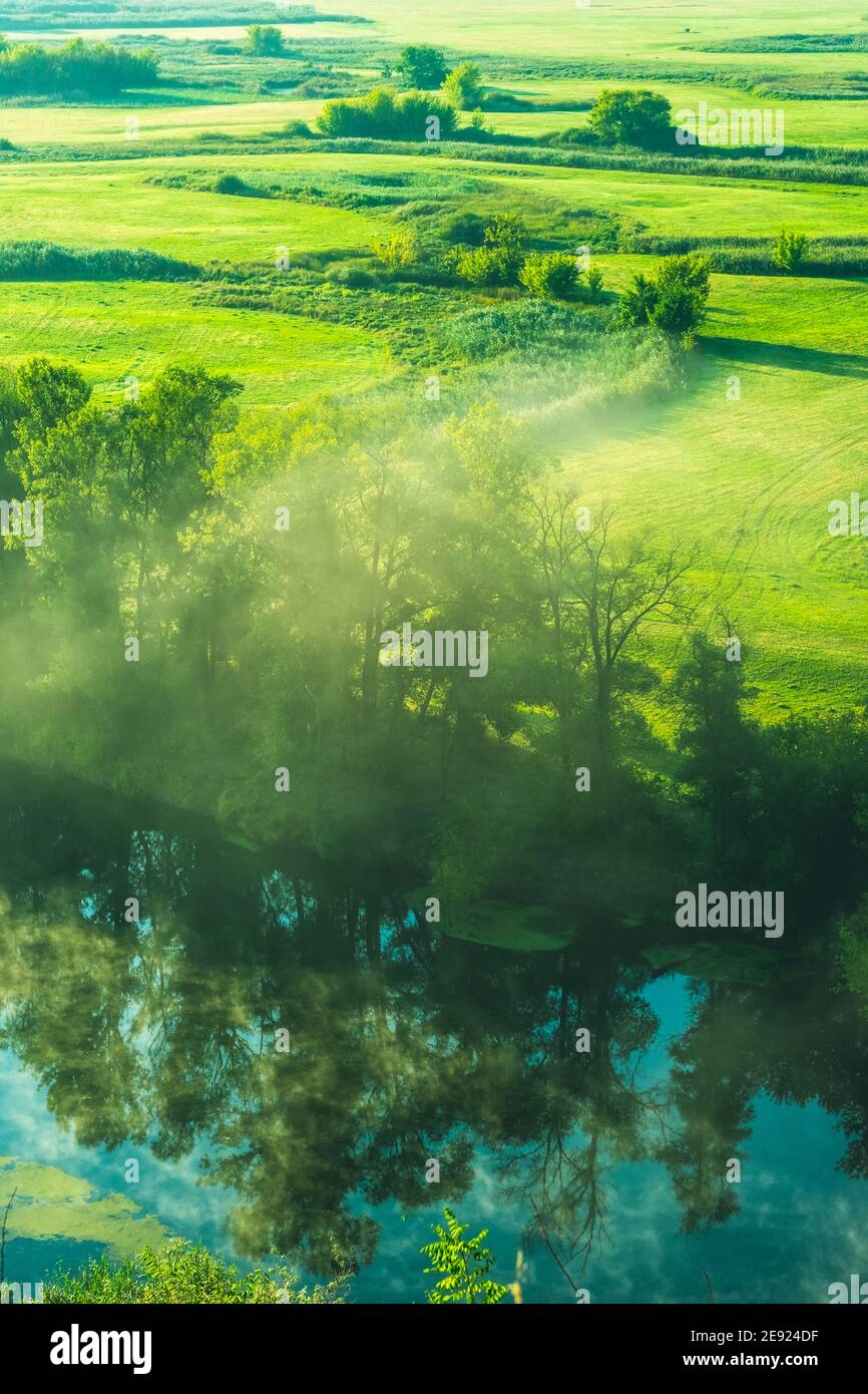 Morgennebel über Wiese und Fluss Stockfoto