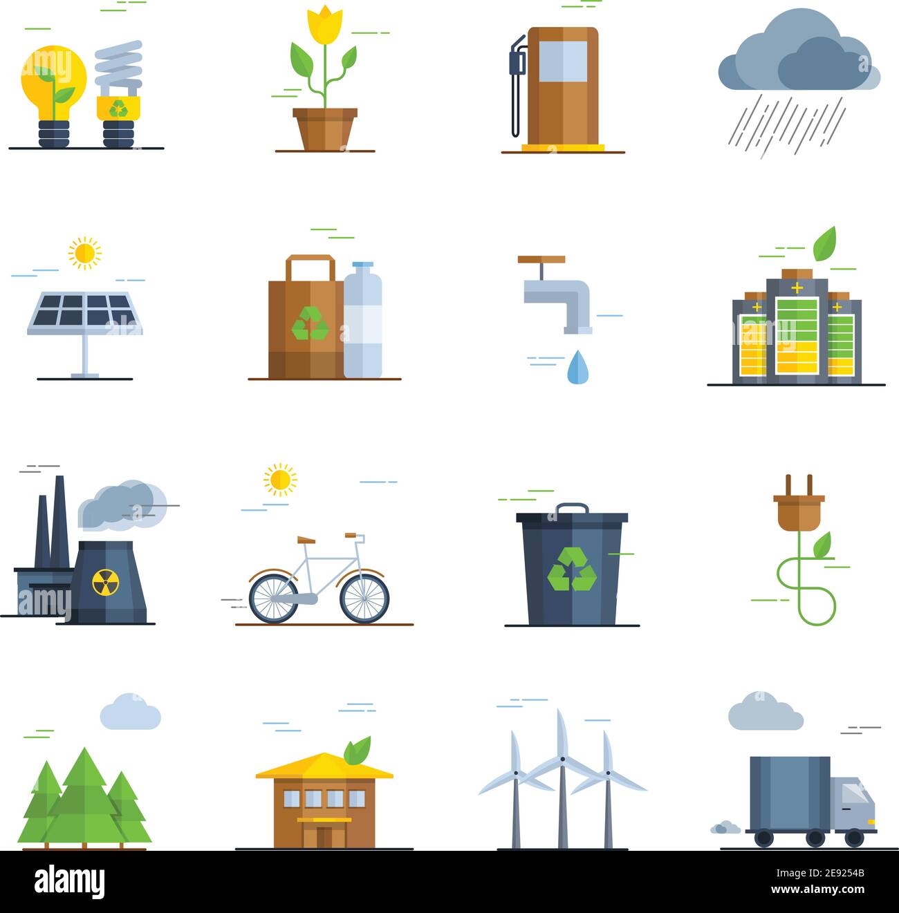 Ökologie Ikonen Set mit Fahrrad Wald Sonnenenergie und Wasser Flache, isolierte Vektorgrafik Stock Vektor