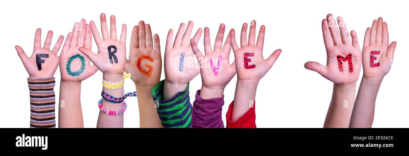 Kinder Hände Gebäude Wort Verzeihen Sie Mir, Isoliert Hintergrund Stockfoto