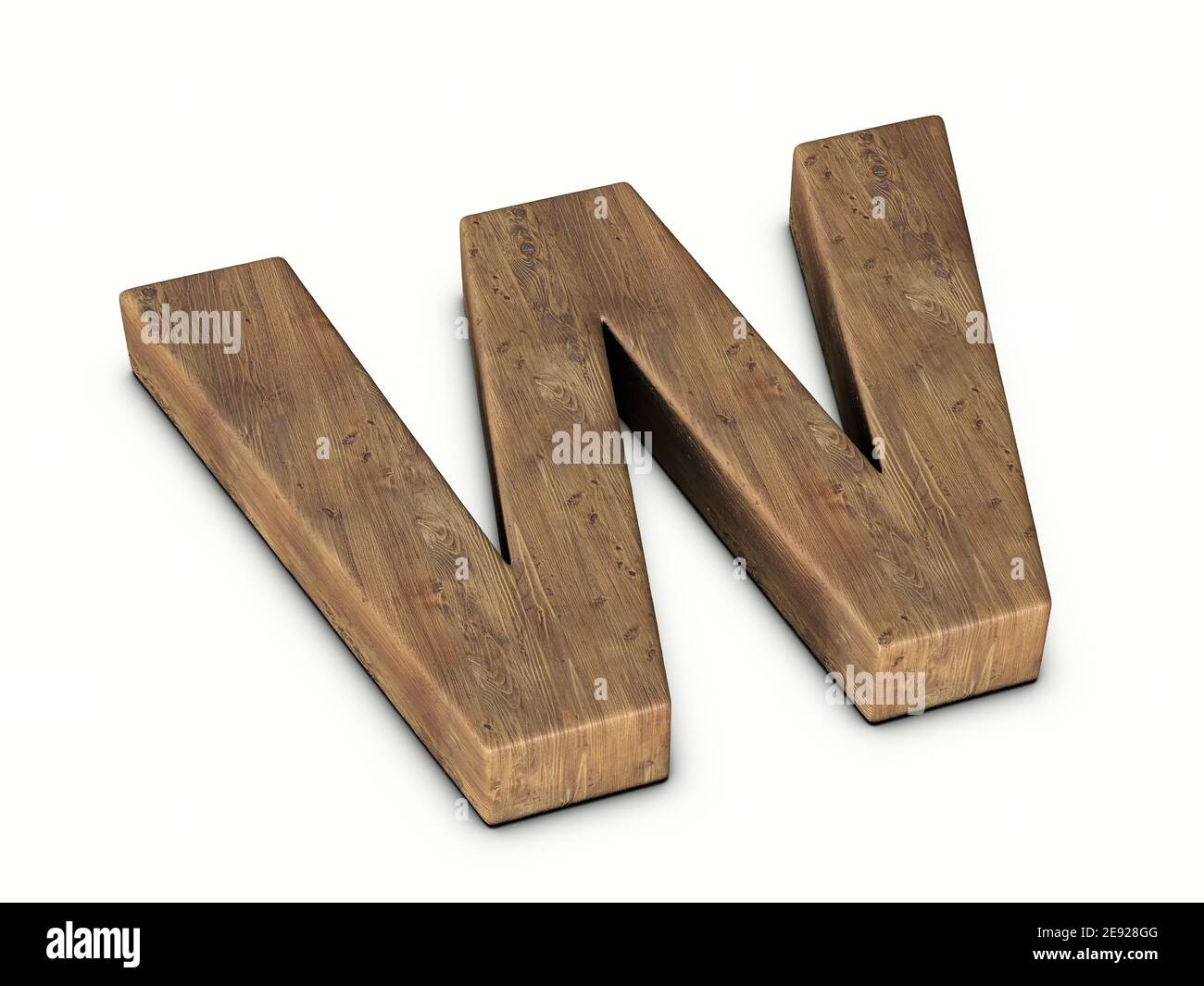 Holzbuchstabe W auf weißem Hintergrund. 3D Abbildung. Stockfoto