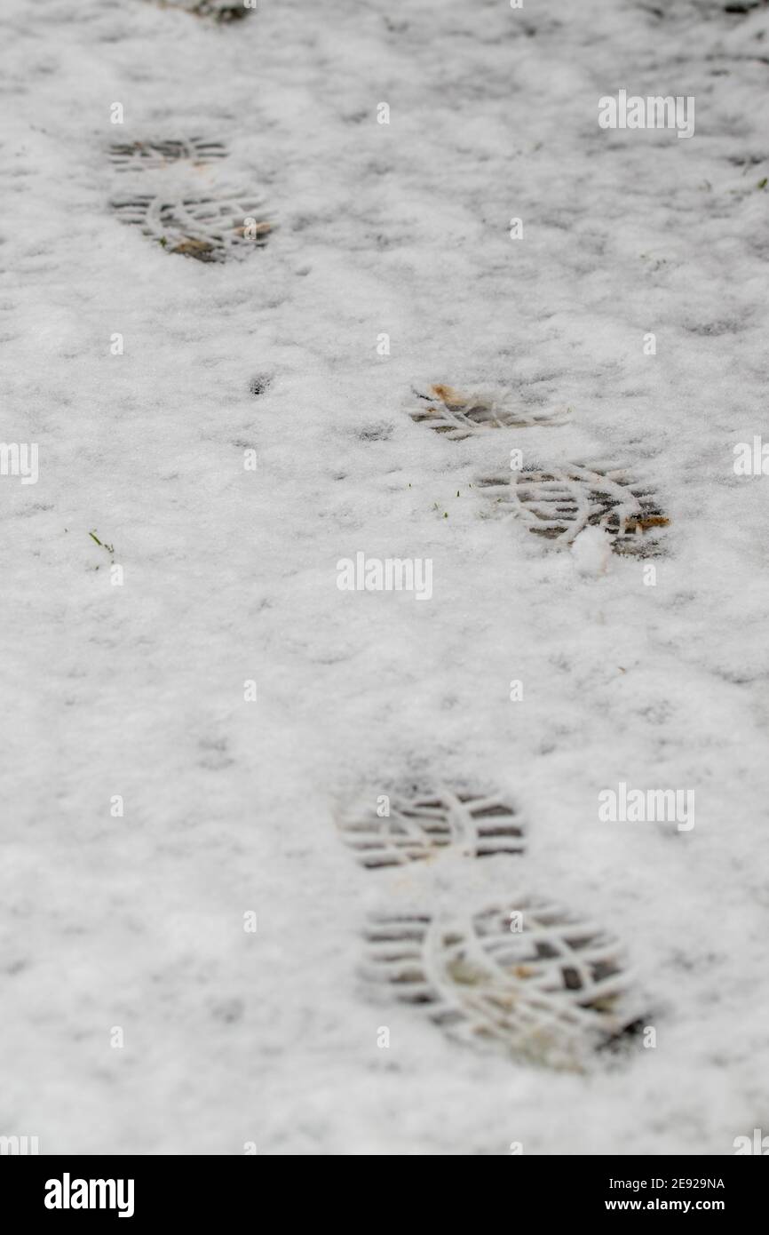 Fußspuren im Schnee. Stockfoto