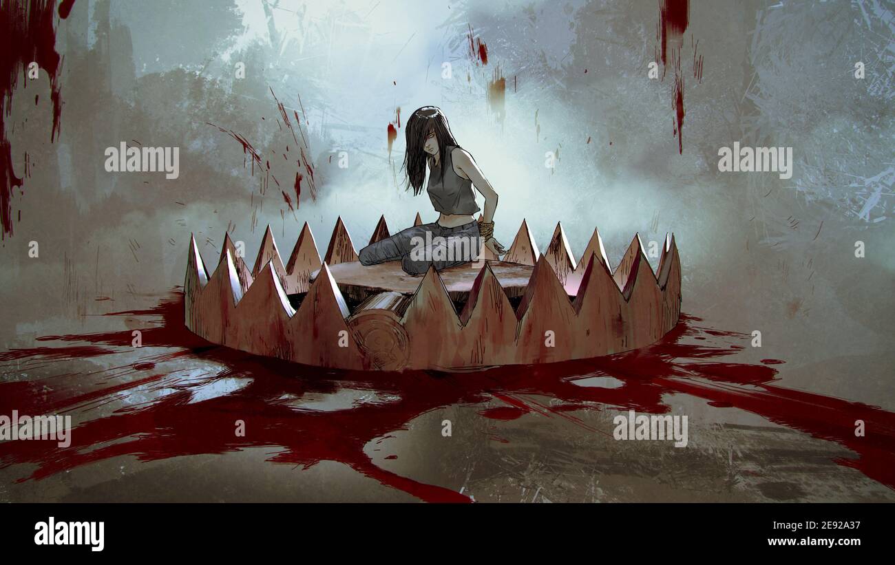 Weibliche Opfer sitzt auf einer Bärenfalle mit Blutflecken, digitale Kunst Stil, Illustration Malerei Stockfoto