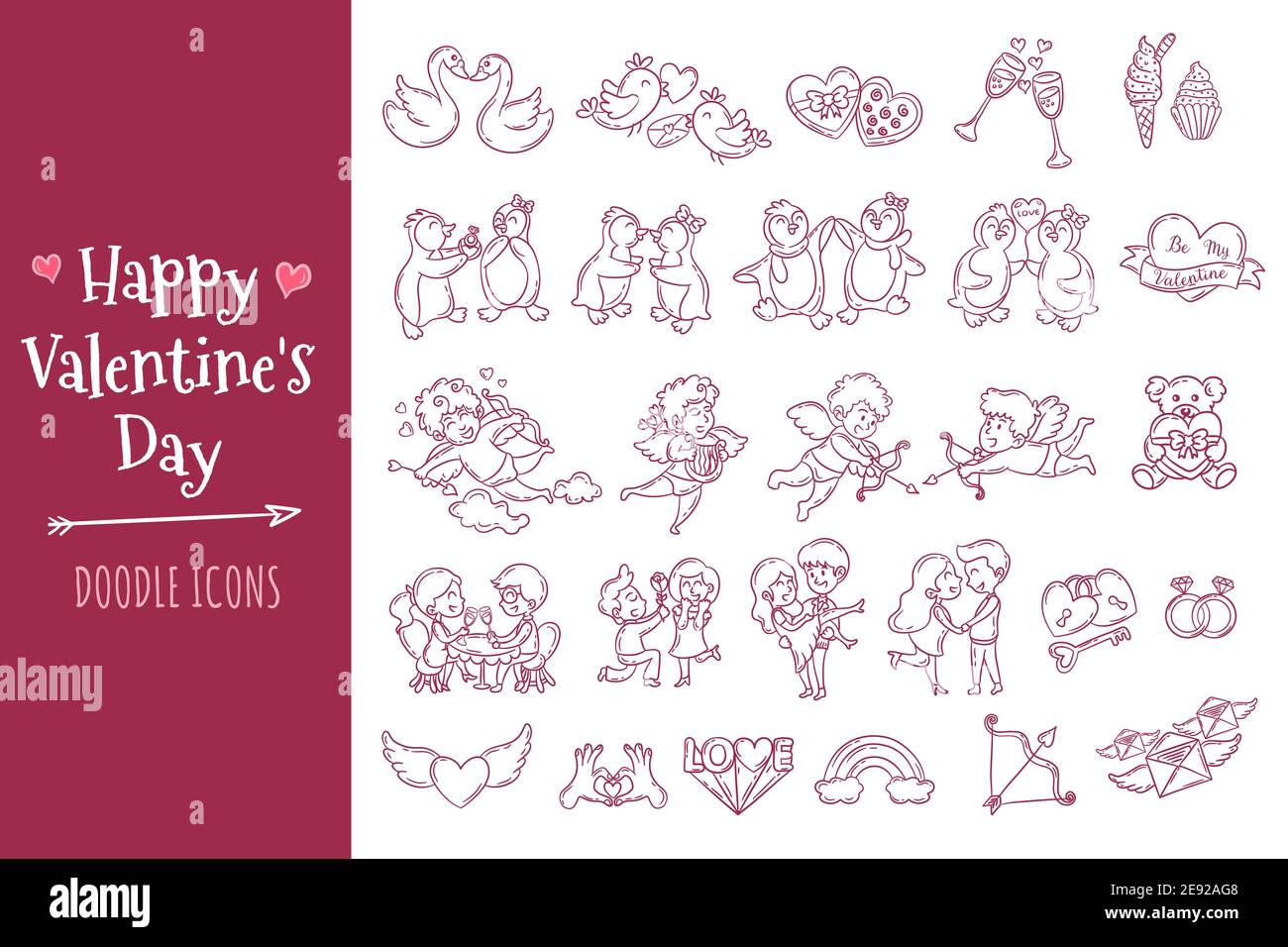 Valentinstag Doodle Symbole gesetzt. Kollektion von Valentine's Day Elementen im handgezeichneten Stil. Stock Vektor