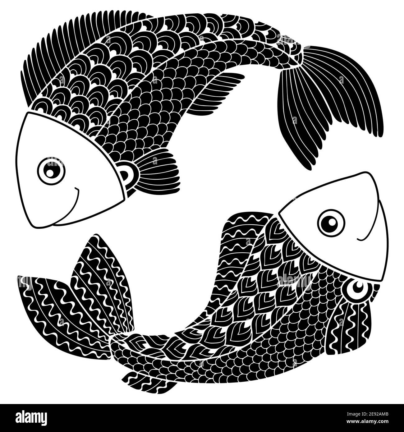 Tattoo-Stil. Vektor Silhouette von Pfeilen und Bogen isoliert auf weißem Hintergrund. Tierkreiszeichen fische. Fisch. Abstrakter Hintergrund Stock Vektor