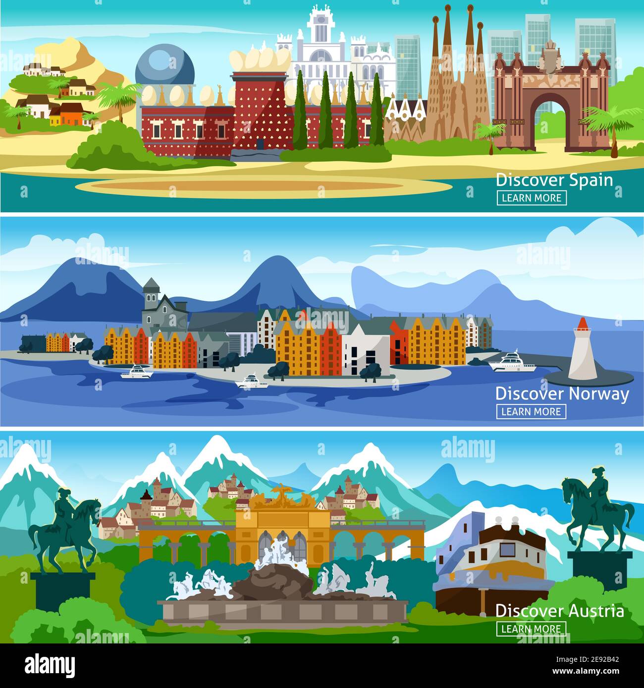 Panorama-Ansichten horizontale Banner der wichtigsten Sehenswürdigkeiten der europäischen Touristische Städte in Spanien Norwegen und Österreich Vektorgrafik Stock Vektor