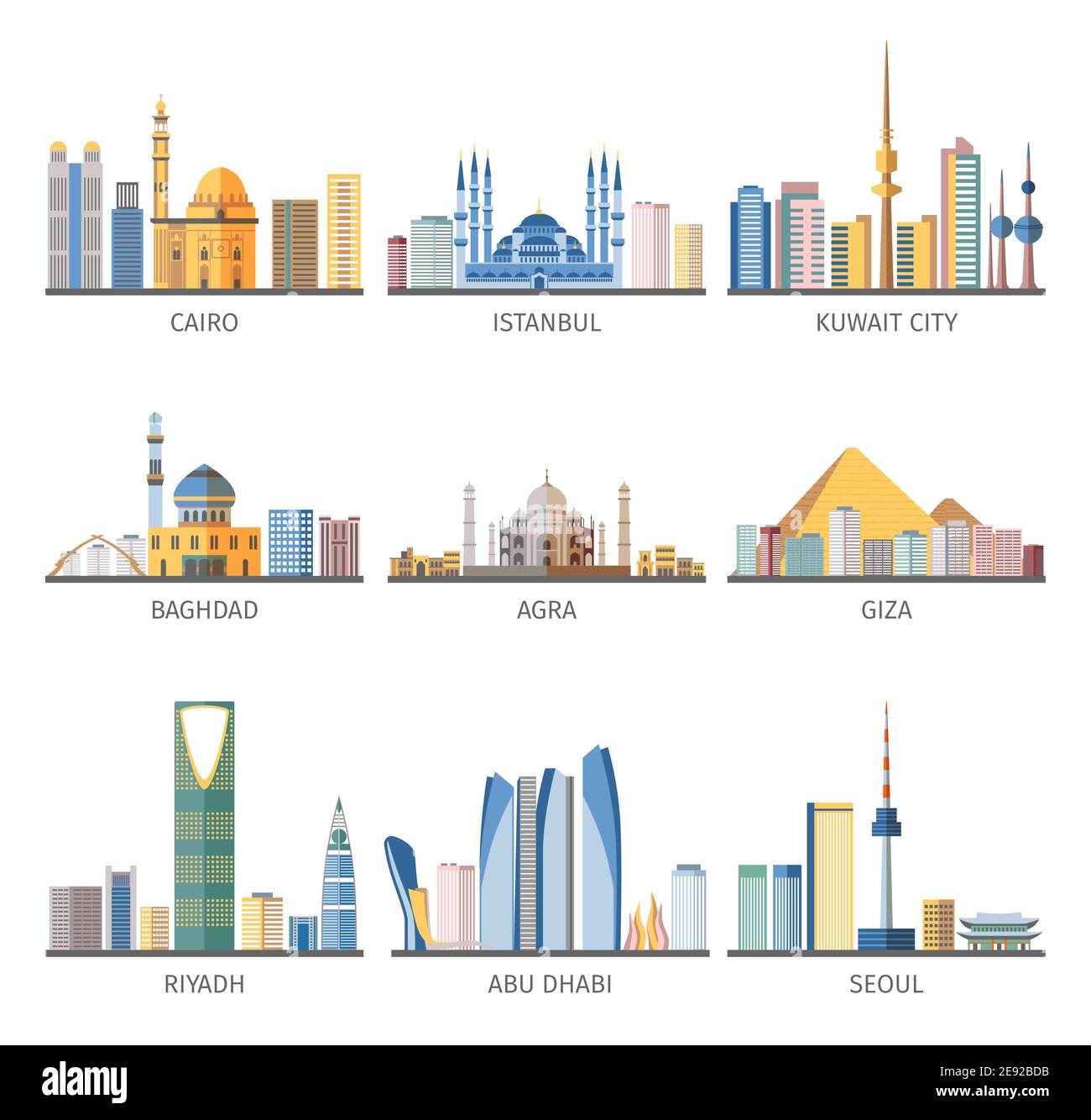 Östliche Hauptstädte Stadtlandschaften einzigartige Architektur mit modernen und historischen Wahrzeichen Flache Symbole Sammlung abstrakt isoliert Vektor Illustration Stock Vektor