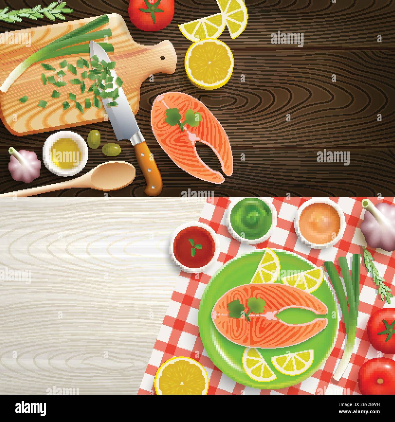 Flaches Laymcooking 2 realistische Banner Set mit Fischgerichten Zutaten Auf Holz Textur Hintergrund Vektor Illustration Stock Vektor