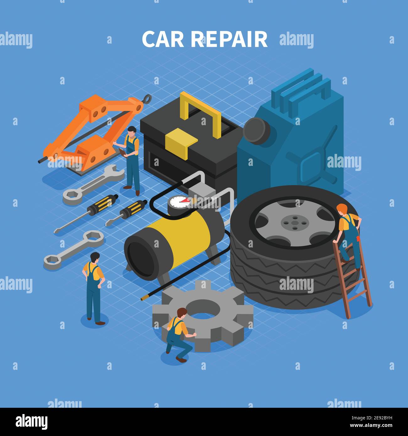 Isometrisches Konzept mit Werkzeugen und Geräten, die in der Kfz-Reparatur verwendet werden Mit Figuren von Arbeitern Vektor-Illustration Stock Vektor