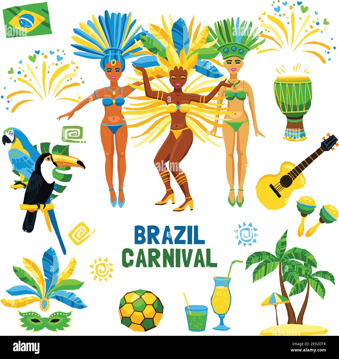 Set von dekorativen farbigen Ikonen mit verschiedenen Symbolen von brasilien karneval Natur und Menschen Vektor Illustration Stock Vektor