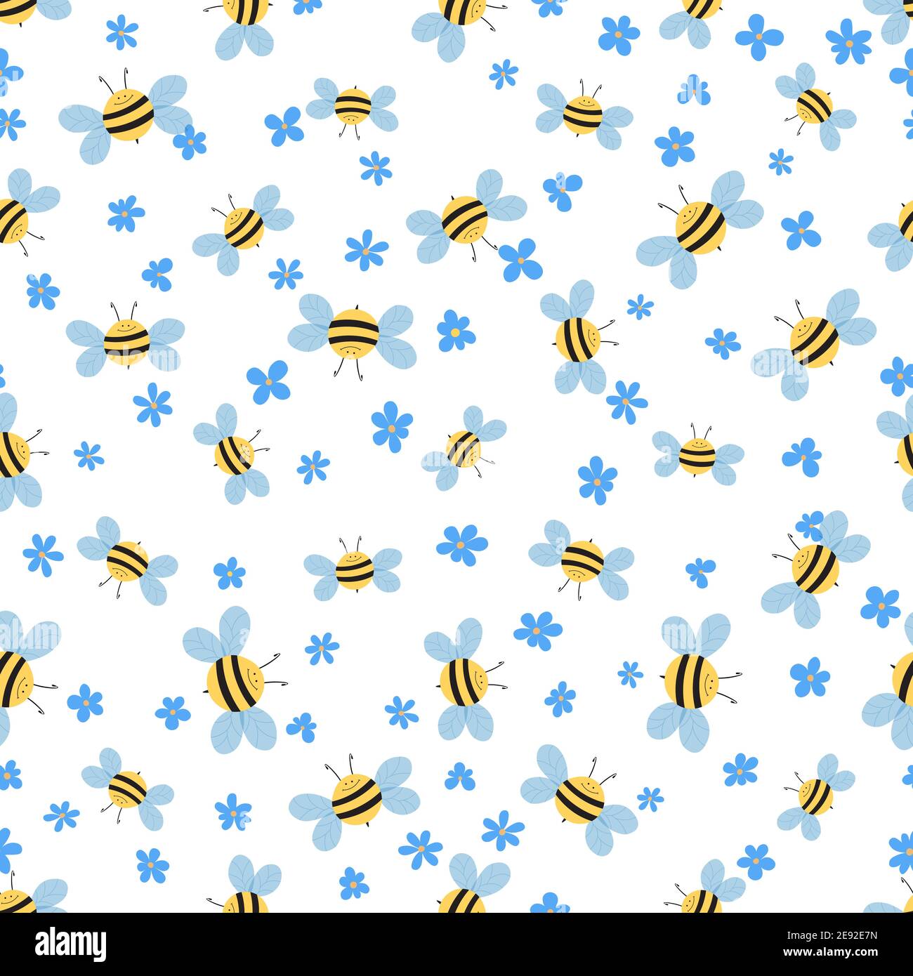 Nahtloses Muster mit Bienen und Blumen auf weißem Hintergrund. Liebenswert Cartoon Wespen Zeichen. Vorlage Design für Einladung, Karten, Textil, Stoff Stock Vektor