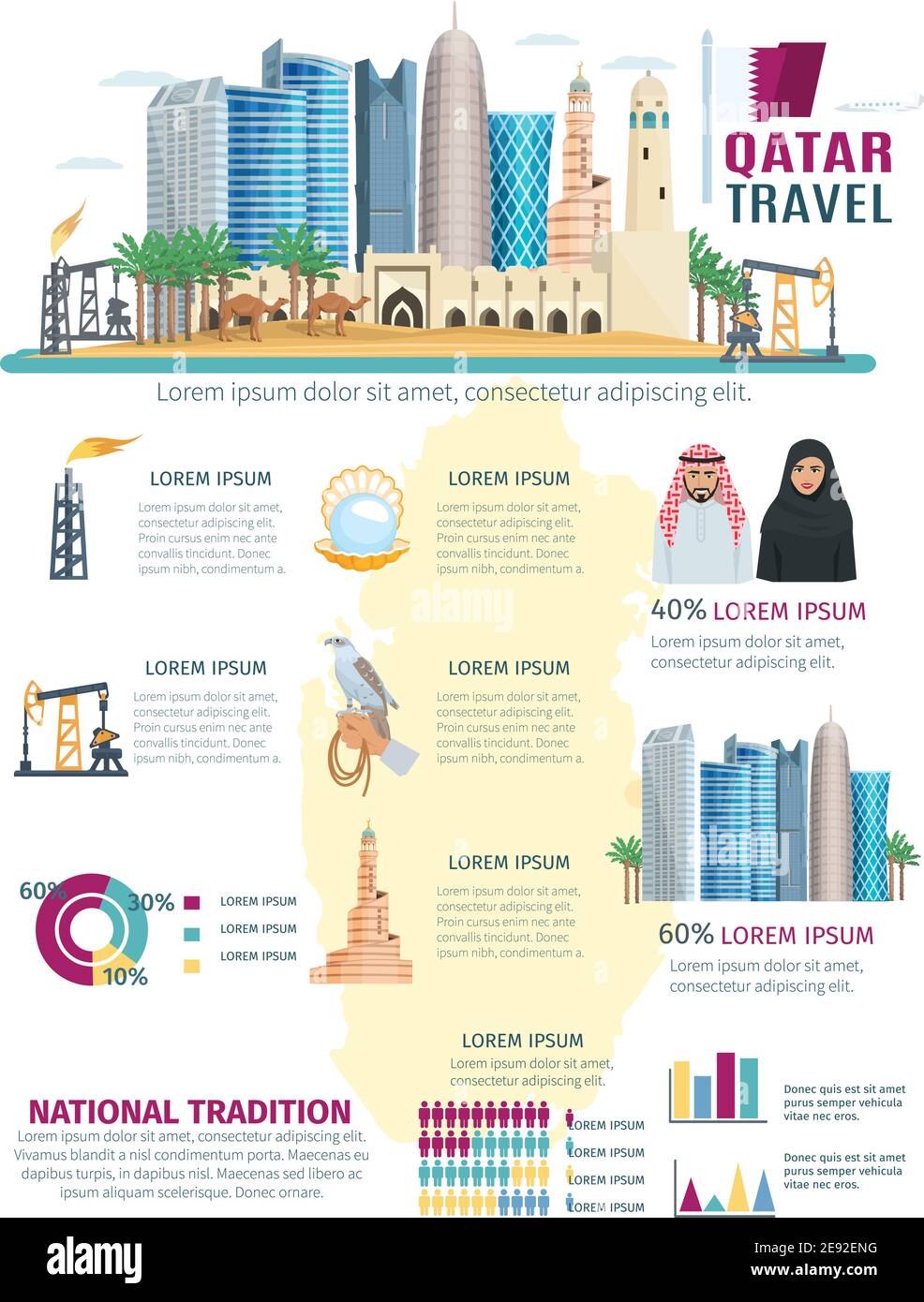 Katar Infografiken mit Konzept Stadtbild mit den berühmtesten Symbolen von Die Landesdiagramme und Grafiken Vektordarstellung Stock Vektor