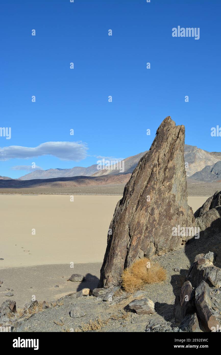 Die Tribüne auf der Rennstrecke Playa im Death Valley National Park, ein sehr dunkelgrauer Felsen, umgeben von unerschütterlichem, hellem Lehmboden Stockfoto