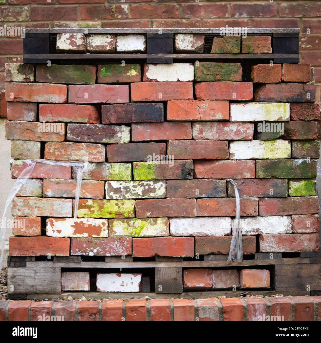 Eine Palettenladung von wiedergewonnenen alten, notleidenden, gebrauchten Ziegeln. Stockfoto