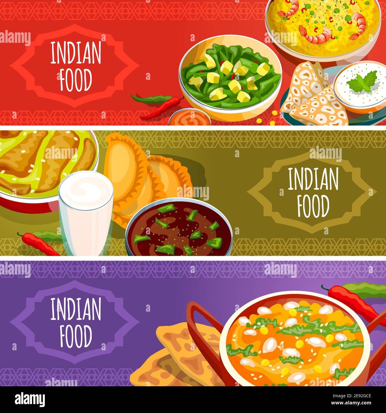 Indisches essen horizontale Banner mit nationalen Gerichte Saucen und Getränke set isoliert Vector Illustration Stock Vektor