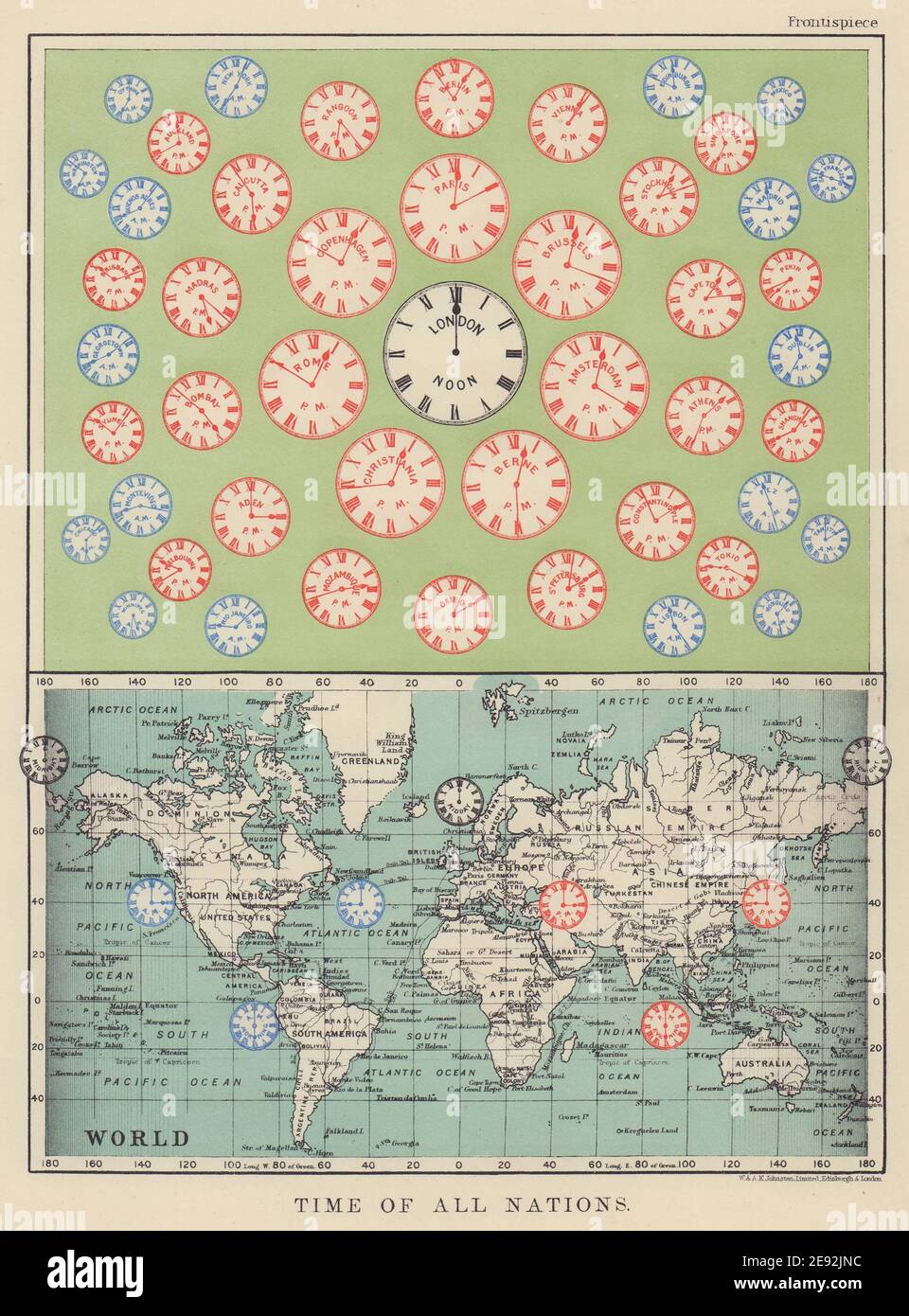ZEIT ALLER NATIONEN. Vordatiert UTC/Standard-Stundenzeitzonen. JOHNSTON 1910 Karte Stockfoto