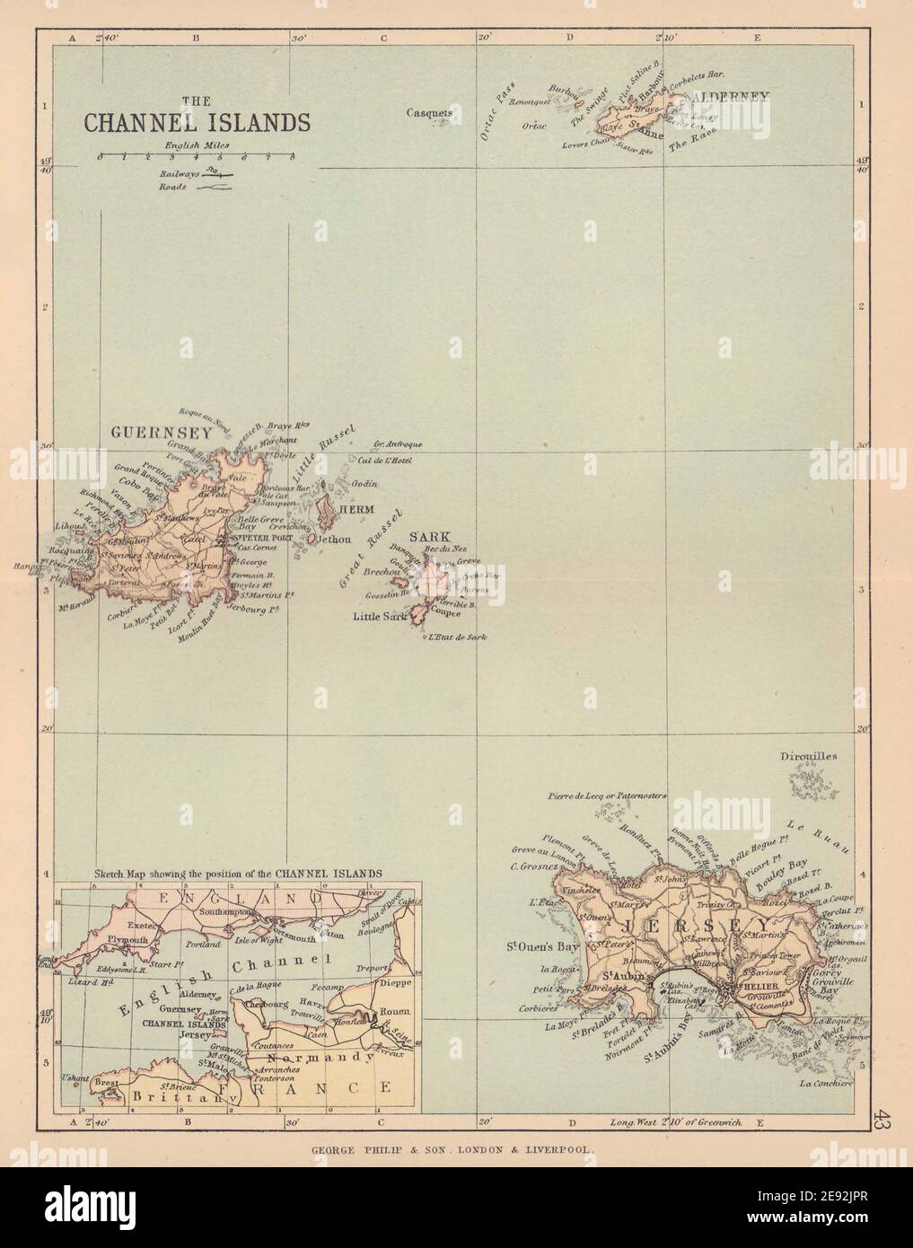 KANALINSELN. Antike Landkarte. Jersey Guernsey Sark Alderney. PHILIP 1885 Stockfoto