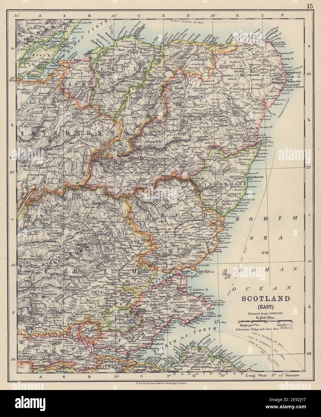 SCHOTTLAND OST. Grampian Tayside Fife Firth of Forth Aberdeen. JOHNSTON 1910 Karte Stockfoto