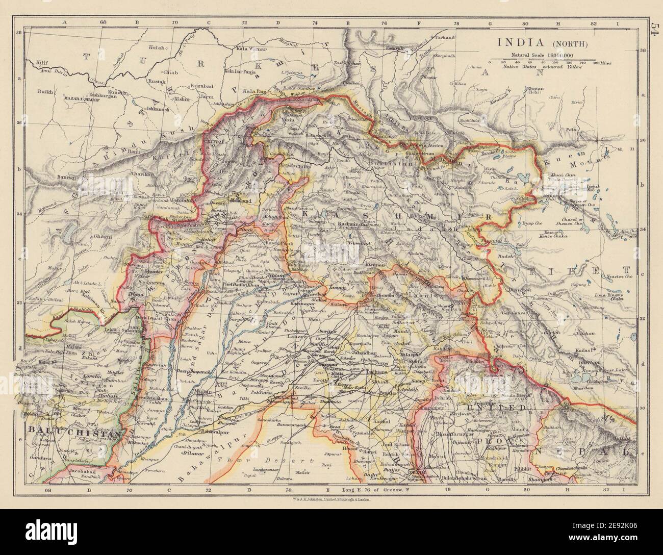 BRITISCHES INDIEN NORD. Jammu Kaschmir Punjab Himalaya. JOHNSTON 1910 alte Karte Stockfoto