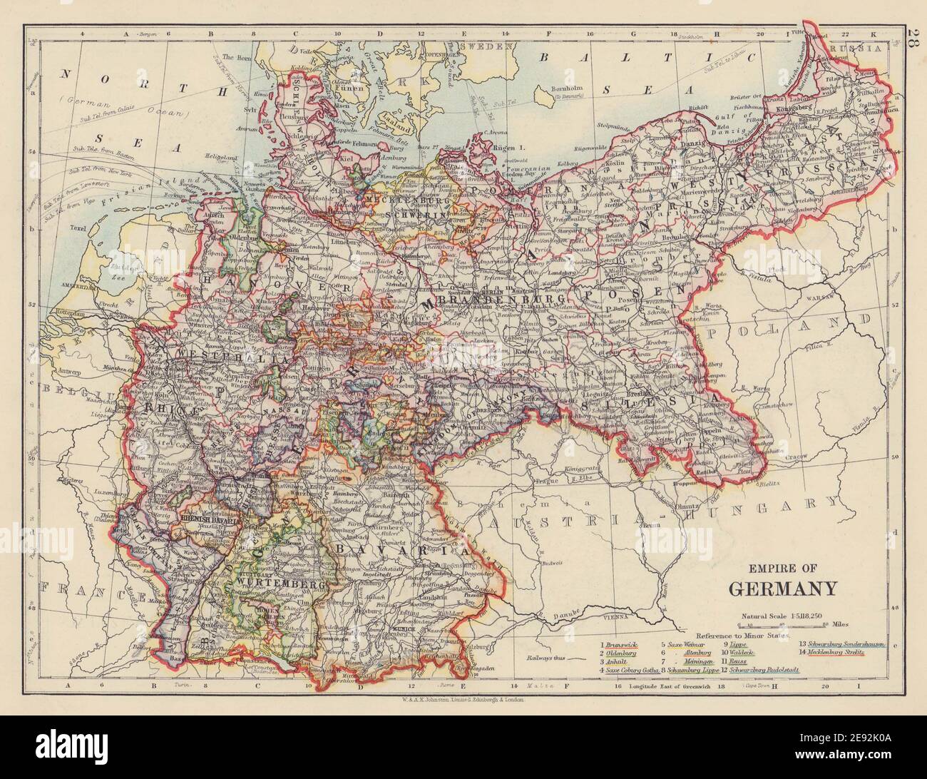 REICH VON DEUTSCHLAND. Status. Preußen Bayern Elsass Lothringen. JOHNSTON 1910 Karte Stockfoto