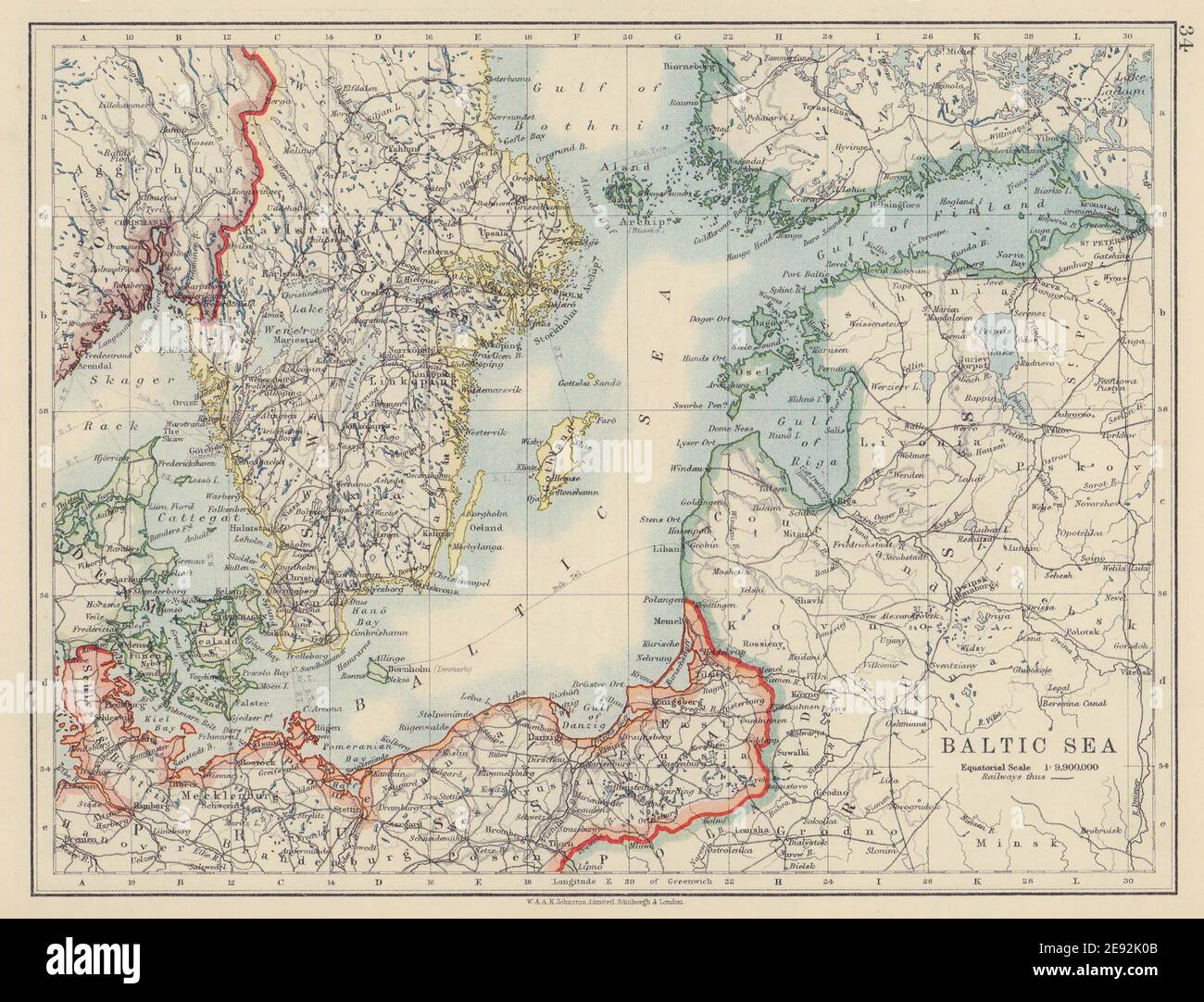 OSTSEE. Schweden Preußen Dänemark Livland Kurland Finnland. JOHNSTON 1910 Karte Stockfoto