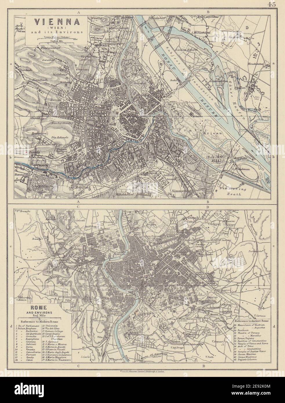 WIEN UND ROM. Stadtpläne. Wien. Roma. Österreich. Italien. JOHNSTON 1910 alte Karte Stockfoto
