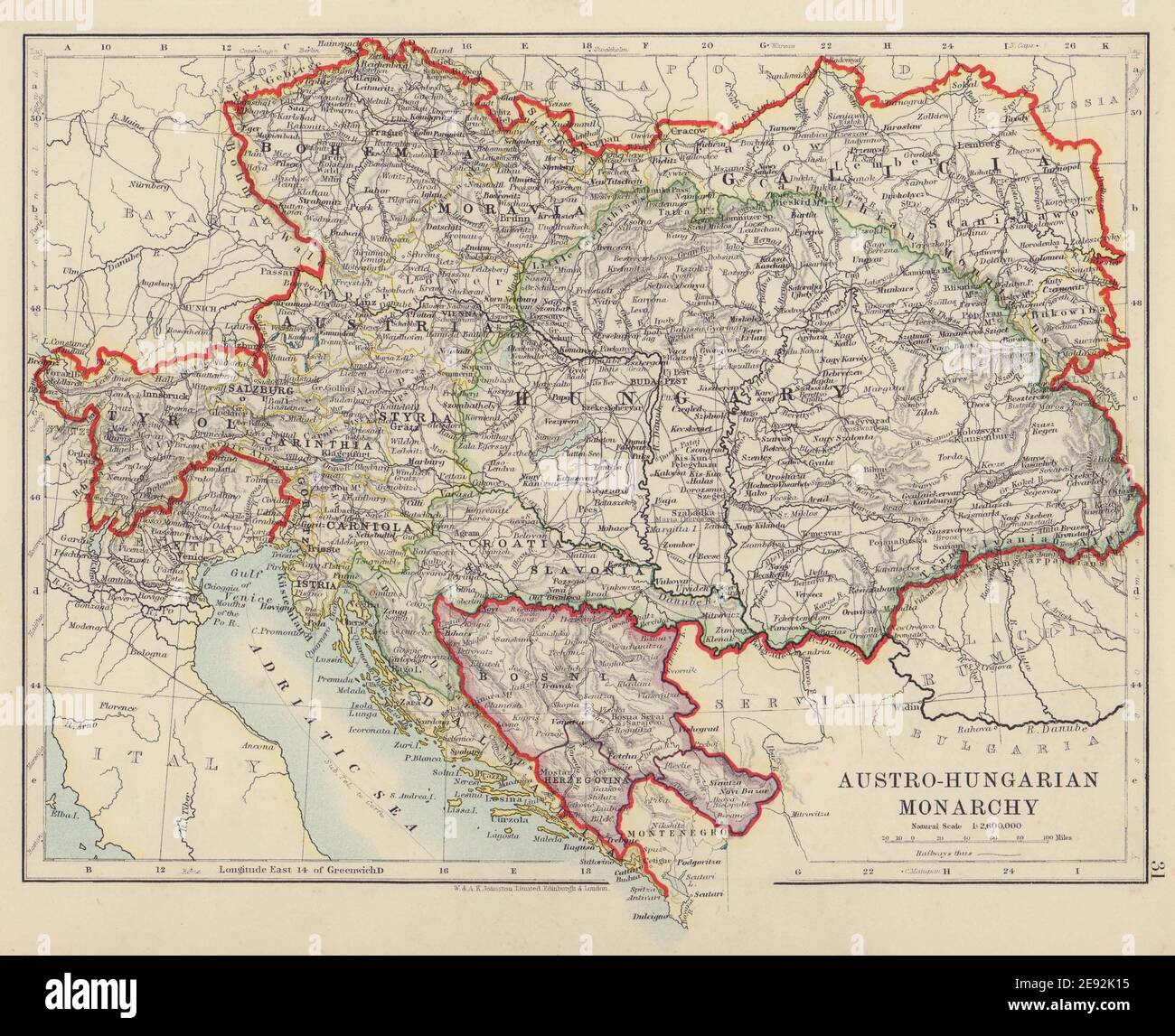 ÖSTERREICHISCH-UNGARISCHE MONARCHIE. Dalmatien Slawonien Galicien & c. JOHNSTON 1910 alte Karte Stockfoto