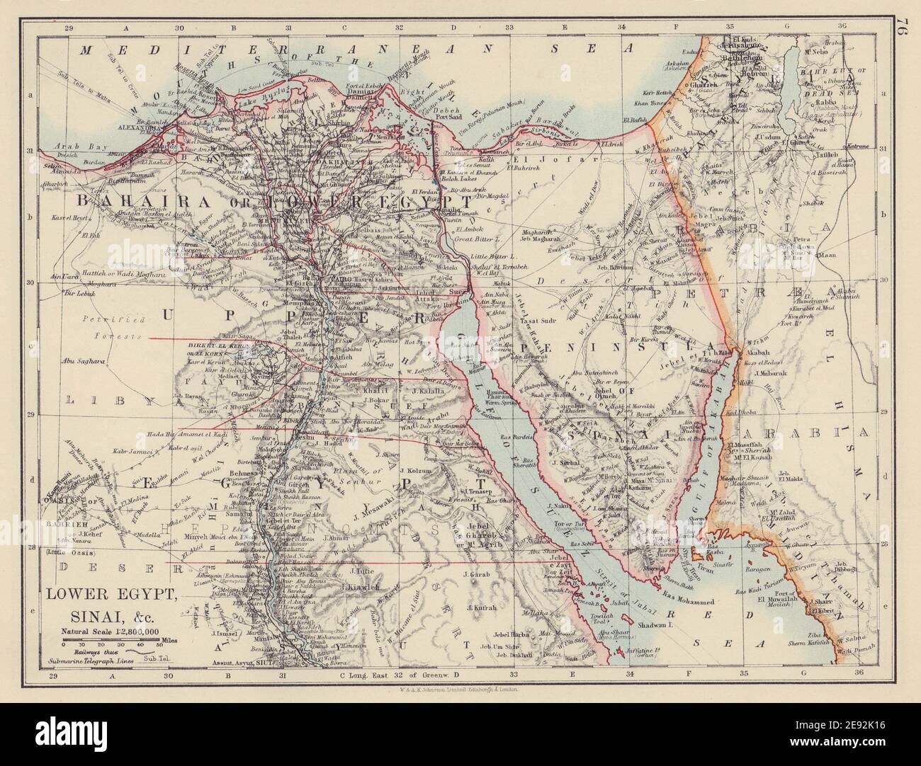 NIEDERÄGYPTEN UND SINAI. Provinzen. Niltal/Delta. Eisenbahnen. JOHNSTON 1910 Karte Stockfoto