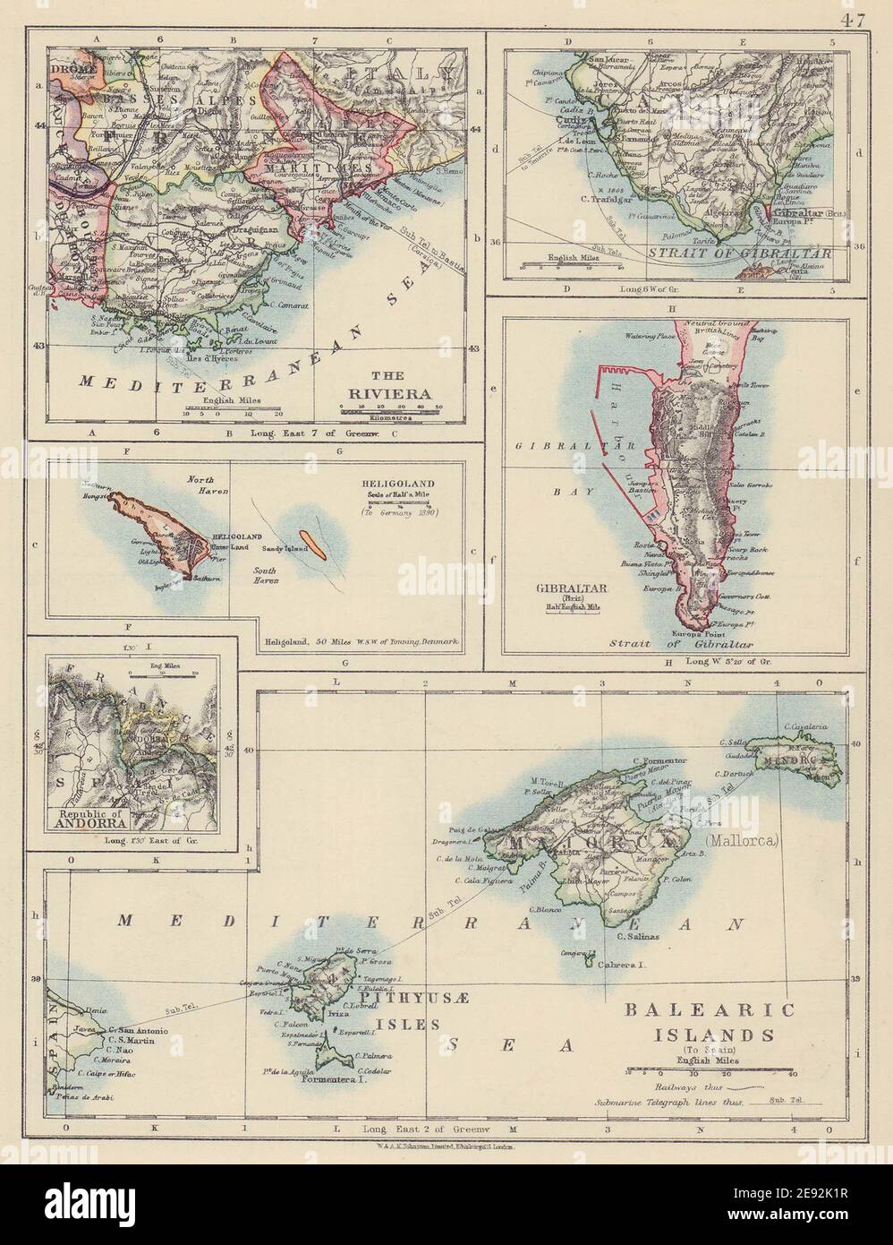 Balearen. Helgoland Gibraltar Andorra Côte d'Azur. JOHNSTON 1910 Karte Stockfoto