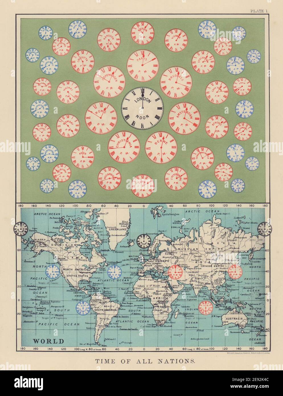 ZEIT ALLER NATIONEN. Vordatiert UTC/Standard-Stundenzeitzonen. JOHNSTON 1901 Karte Stockfoto