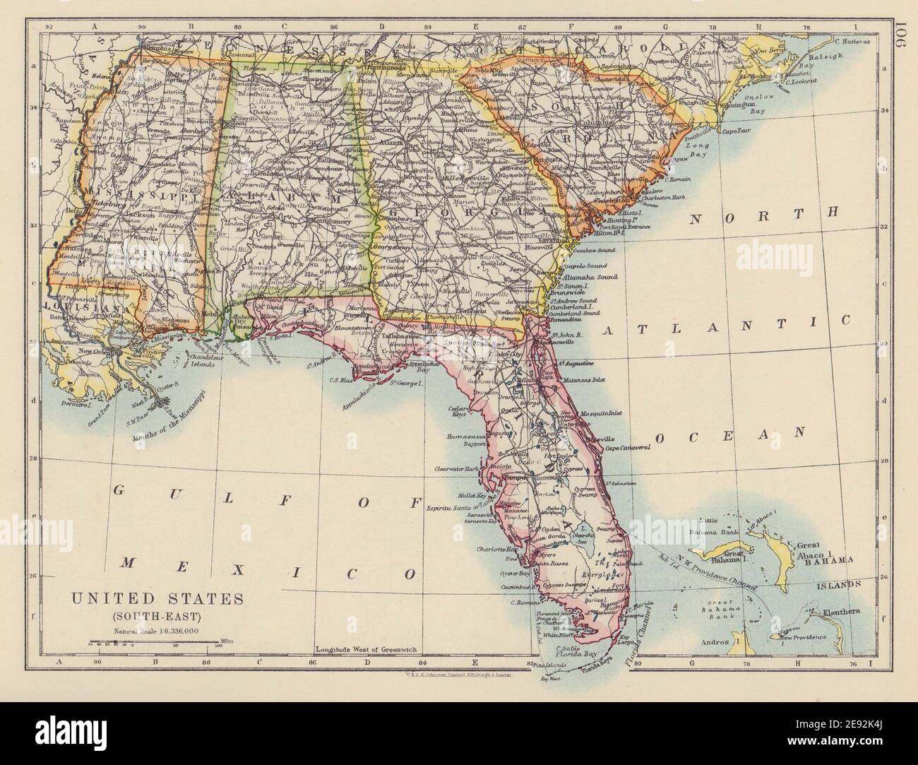 USA IM TIEFEN SÜDEN. Florida South Carolina Georgia Alabama Mississippi USA 1910 Karte Stockfoto