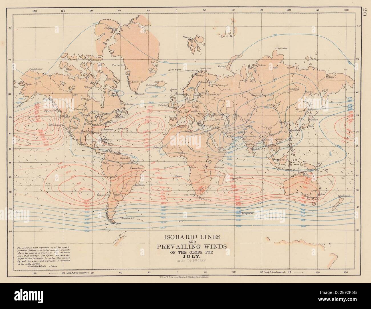 WELT. Isobarische Linien und vorherrschende Winde des Globus. Juli. JOHNSTON 1901 Karte Stockfoto