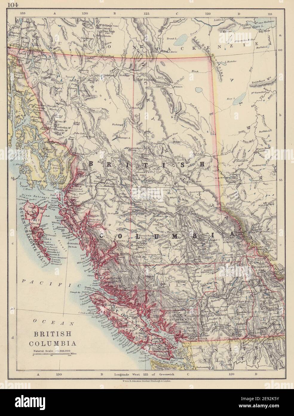 BRITISH COLUMBIA. Provinzkarte. Eisenbahnen. Vancouver Island. JOHNSTON 1910 Stockfoto