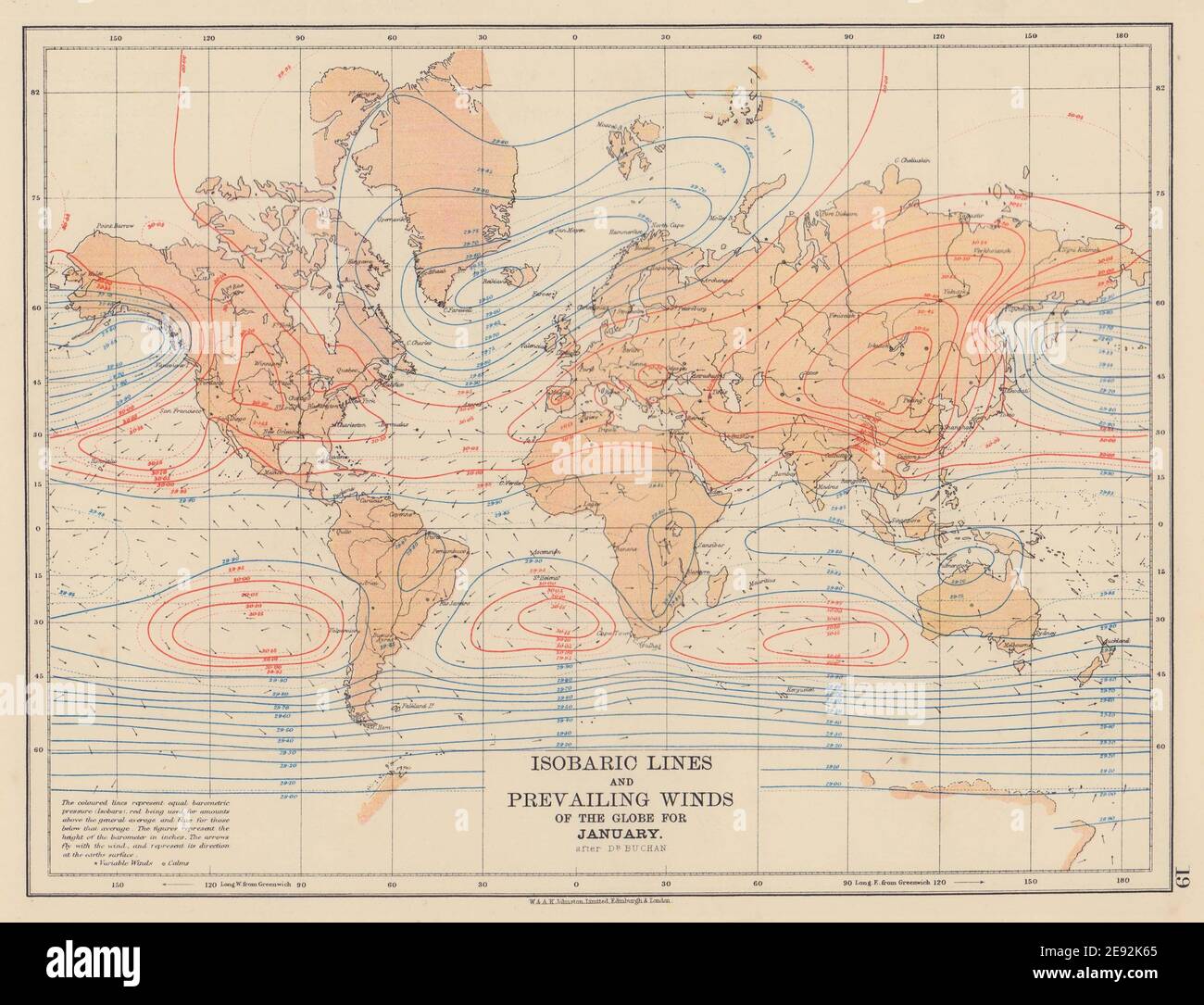 WELT isobarische Linien & vorherrschende Winde des Globus. Januar. JOHNSTON 1901 Karte Stockfoto