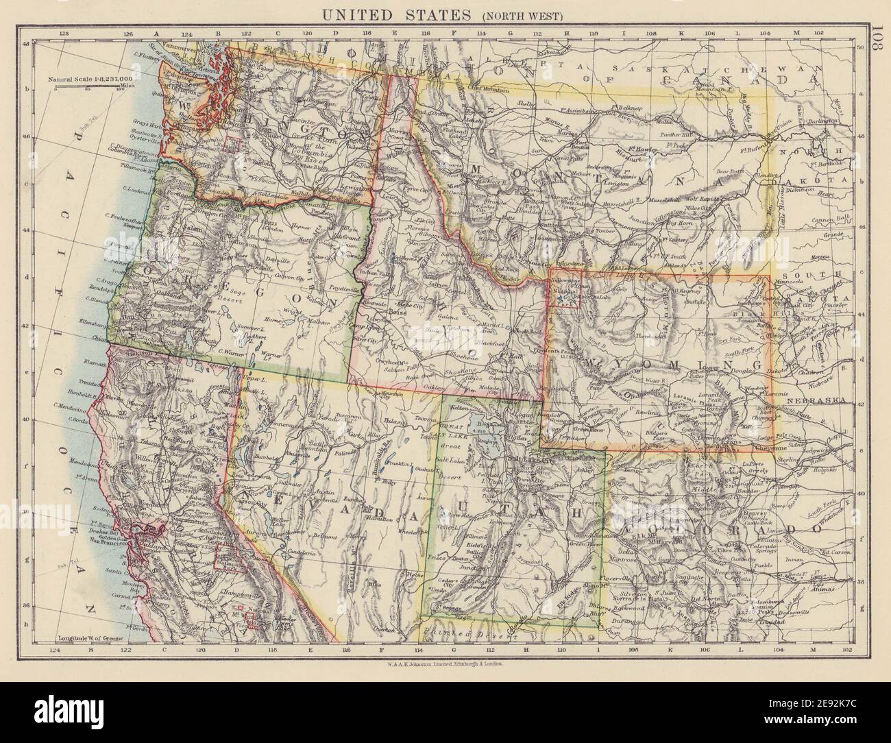 USA NORD-WEST. Washington Oregon ID MT WY Utah Nevada CA. JOHNSTON 1910 Karte Stockfoto