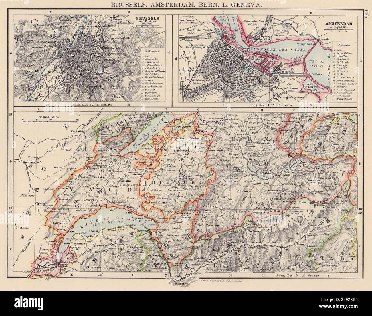 WESTSWIZERLAND BRÜSSEL AMSTERDAM. Bern Waadt Genf Freiburg 1901 alte Karte Stockfoto