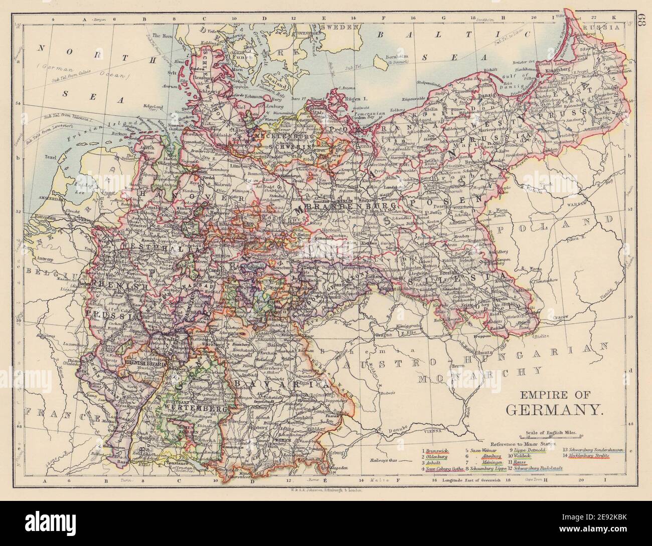 REICH VON DEUTSCHLAND. Status. Preußen Bayern Elsass Lothringen. JOHNSTON 1901 Karte Stockfoto