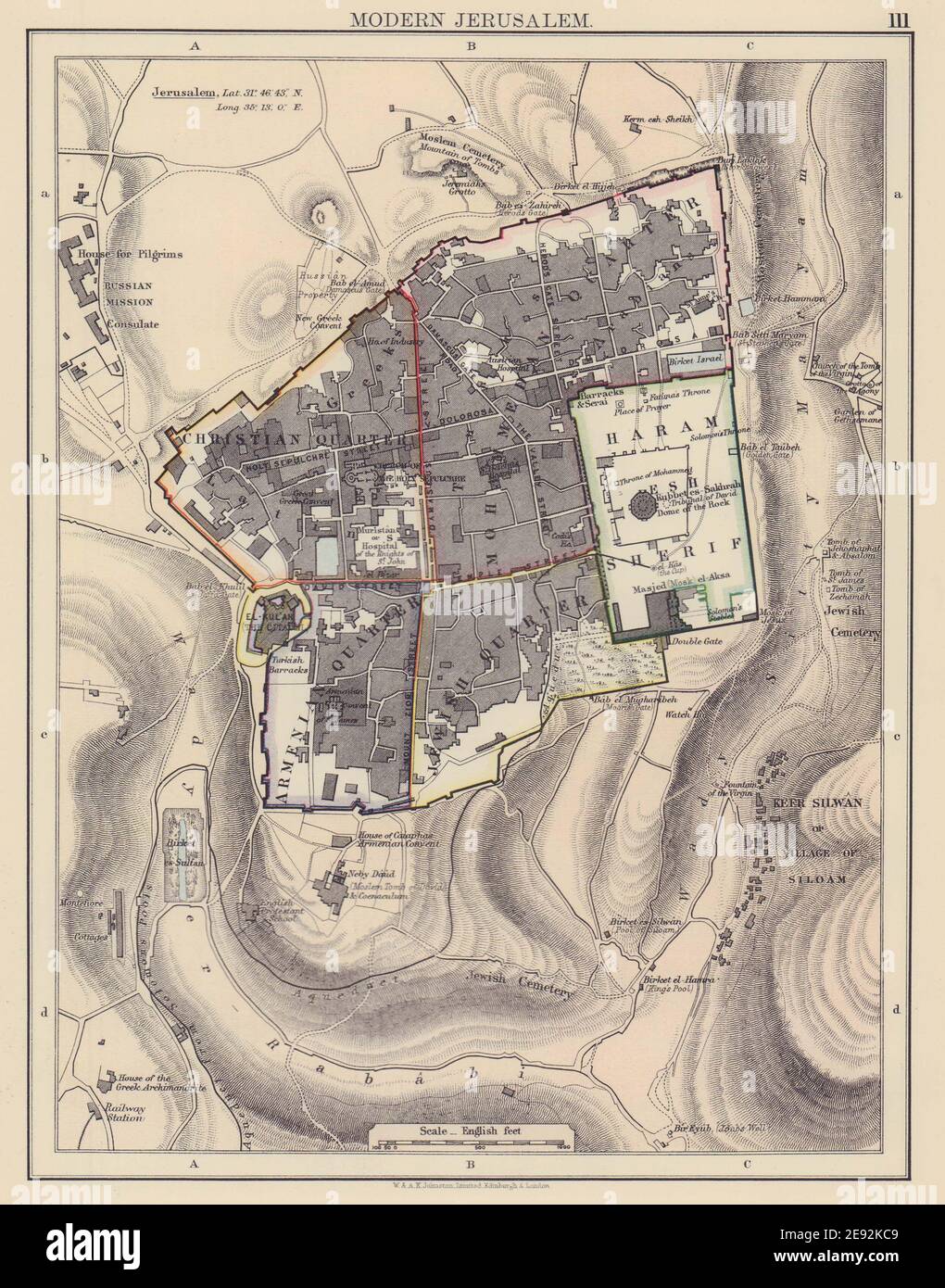 STADTPLAN JERUSALEM zeigt christlich-armenisch-jüdische und muslimische Viertel 1901 Karte Stockfoto