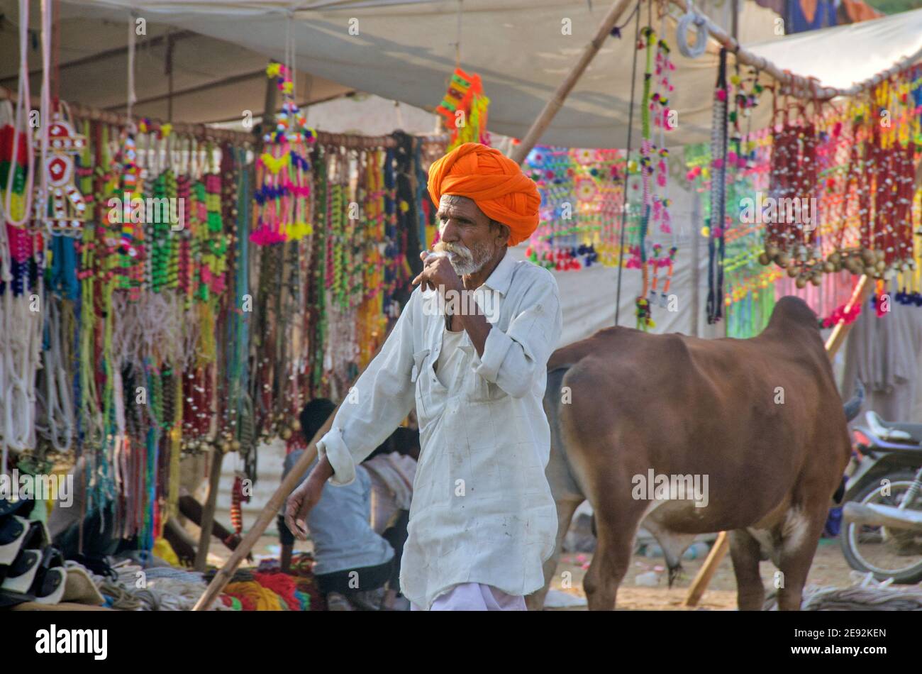 In der Morgensonne sitzt ein Kamelführer auf dem Messegelände. Der orangefarbene Turban auf seinem Kopf ist hell und attraktiv. Stockfoto