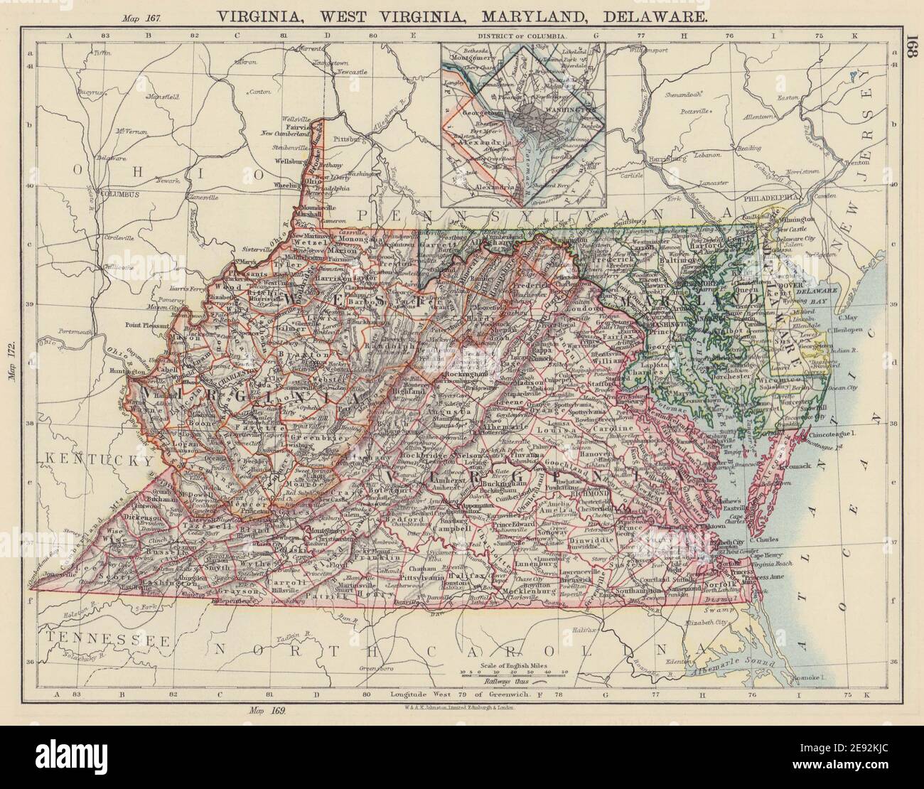 US-STAATEN IM MITTLEREN ATLANTIK, VA West Virginia, Maryland, Delaware, Washington DC 1901 MAP Stockfoto