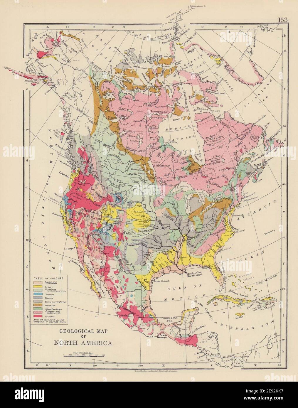 NORDAMERIKA GEOLOGISCHE vulkanische Tertiäre Jurassische Kreidezeit JOHNSTON 1901 Karte Stockfoto