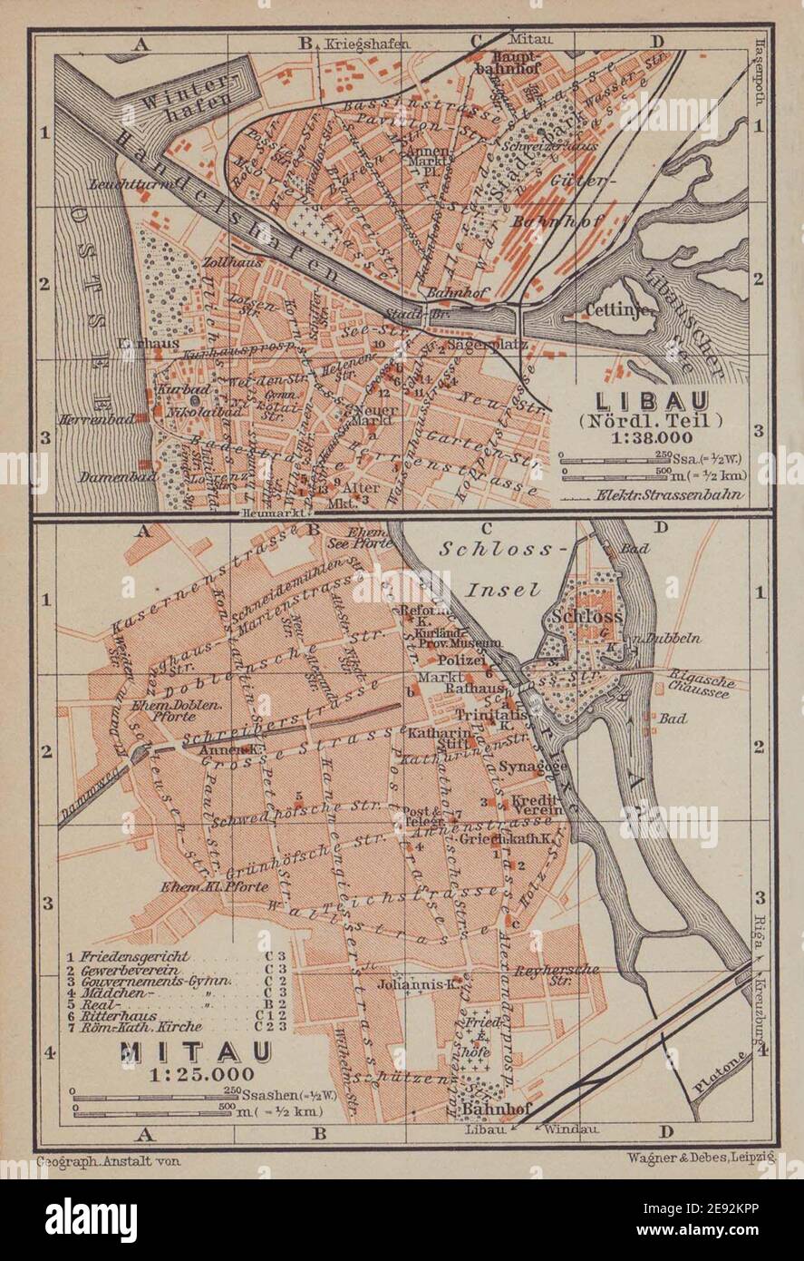 Liepaja (nördlicher Teil) / Jelgava Stadt/Stadtplan pilsetas karte. Lettland 1914 Karte 