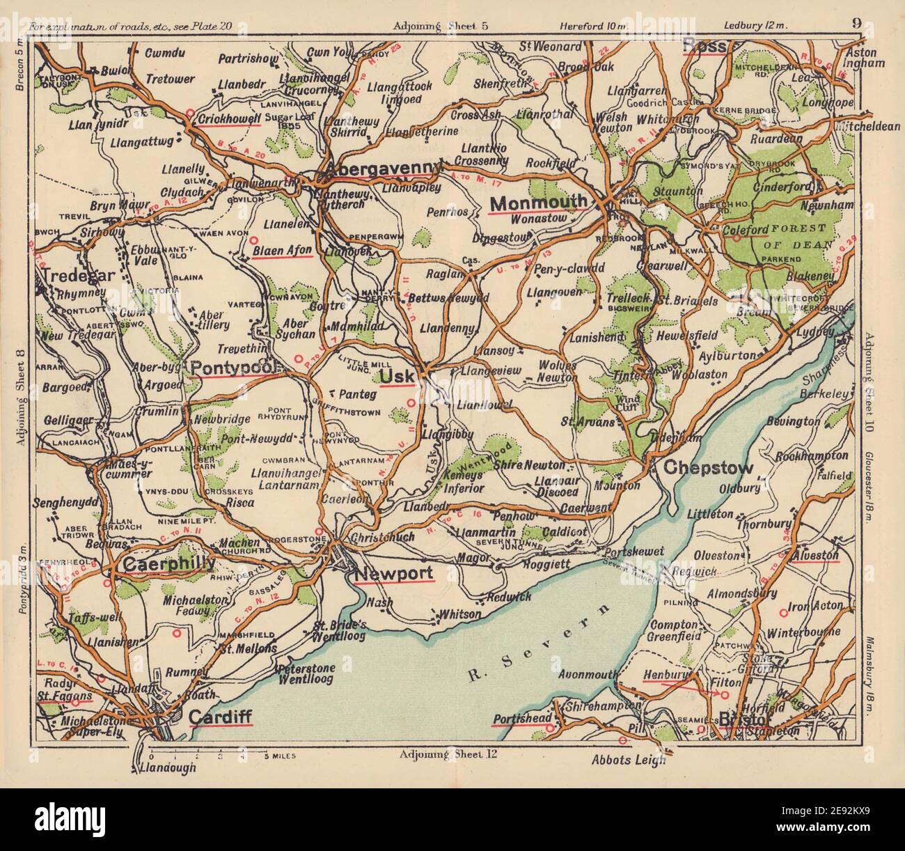 Monmouthshire Straßenkarte. Cardiff Caerphilly Newport Abergavenny. BACON c1920 Stockfoto