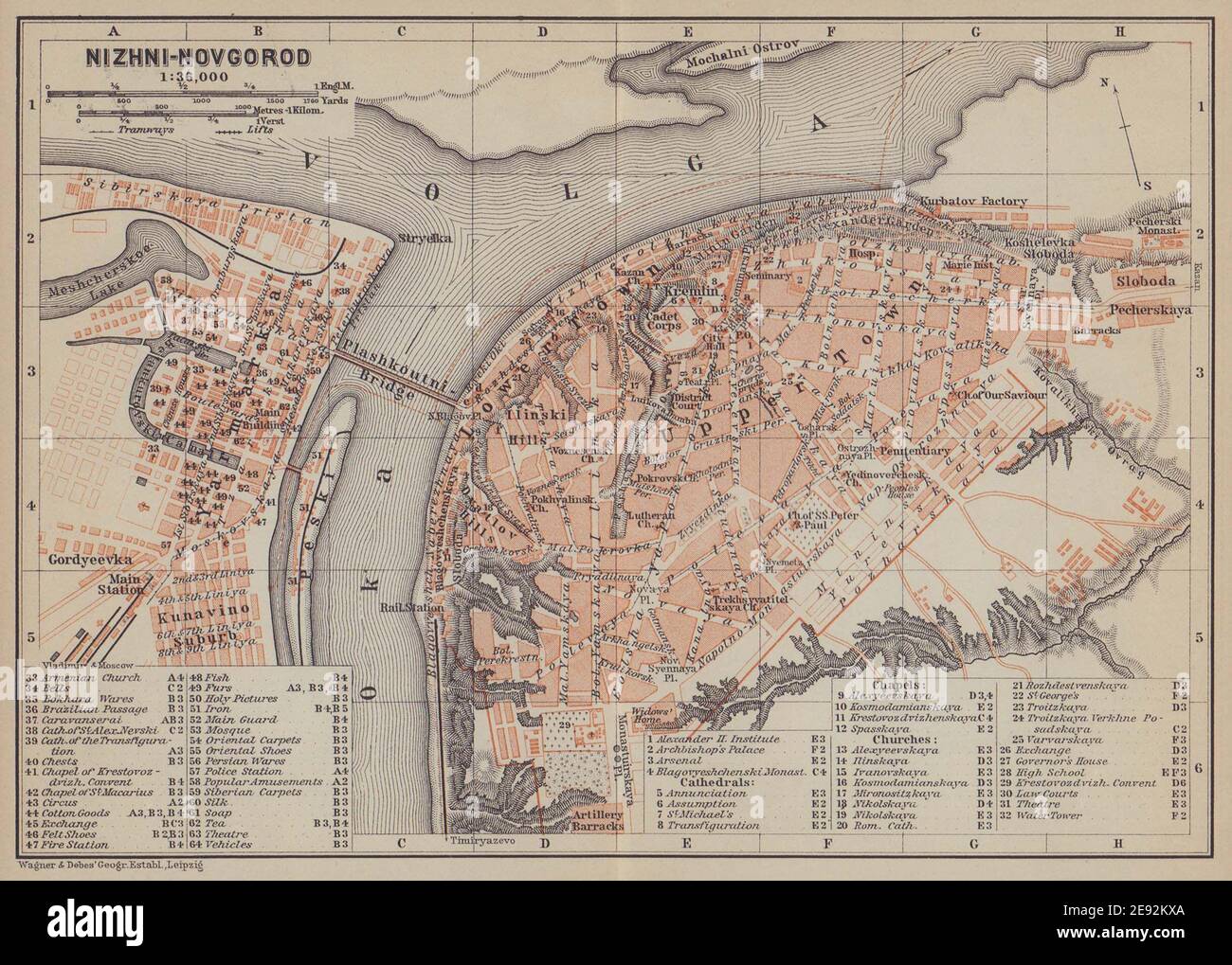 Stadtplan Nischni Nowgorod. Russland. Nishnij-Nowgorod. BAEDEKER 1914-Karte Stockfoto