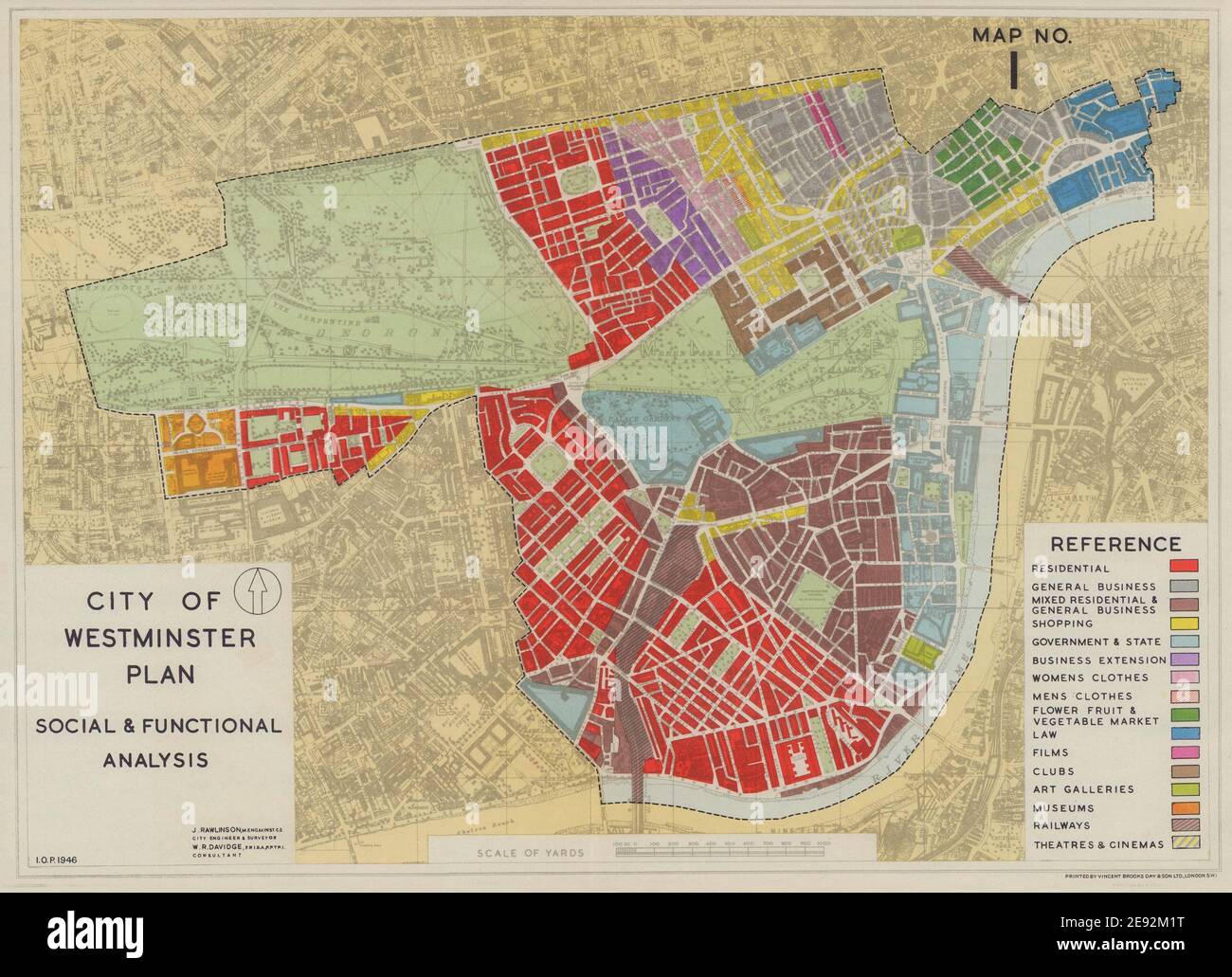 Plan der Stadt Westminster. Soziale Und Funktionelle Analyse. RAWLINSON 1946 alte Karte Stockfoto