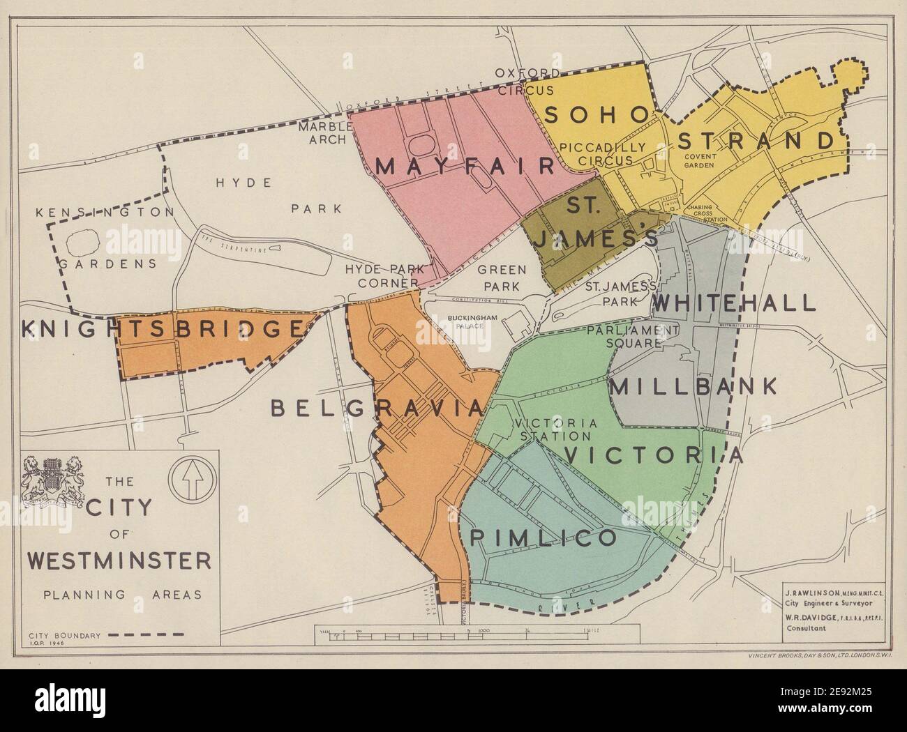 City of Westminster Planungsgebiete. RAWLINSON 1946 alte Jahrgangskarte Stockfoto