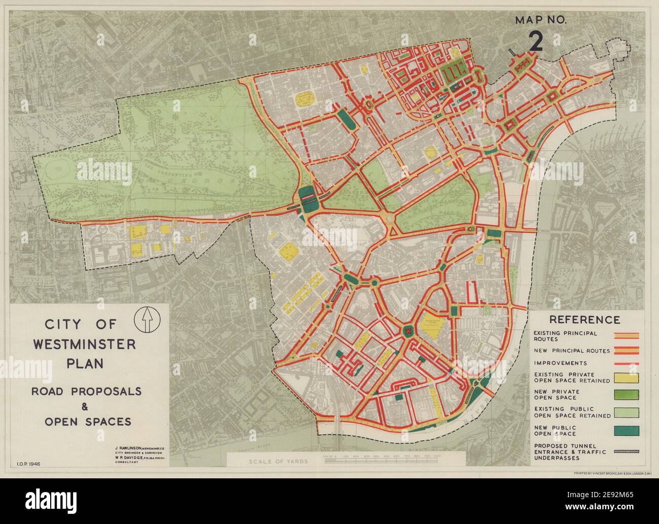Plan der Stadt Westminster. Neue Straßenvorschläge & Freiräume. RAWLINSON 1946-Karte Stockfoto