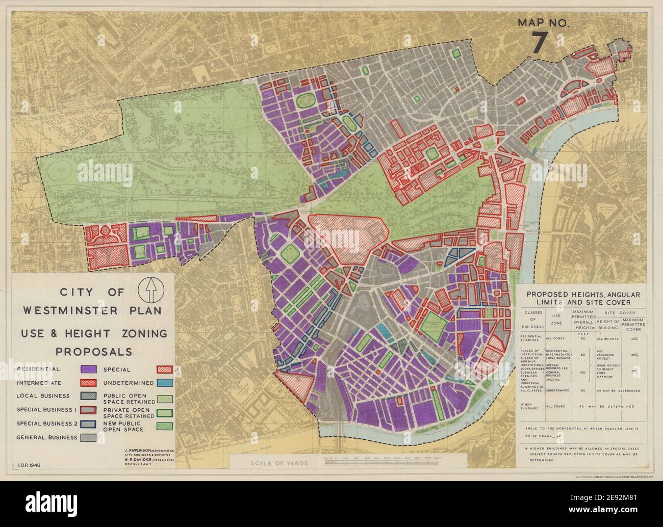Plan der Stadt Westminster. Verwendung Und Höhe Zoning Vorschläge. RAWLINSON 1946-Karte Stockfoto